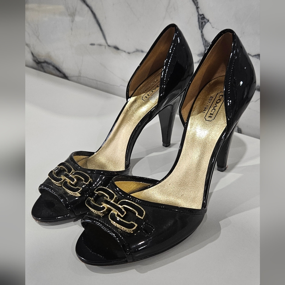 Authentic Coach Black and Gold Belinda Open Toe Heels Pumps US 7.5B - Picture 2 of 11